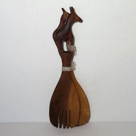 VTG Wooden Giraffe Wooden Salad Serving Set Fork and Spoon Hand Carved - Picture 2 of 12